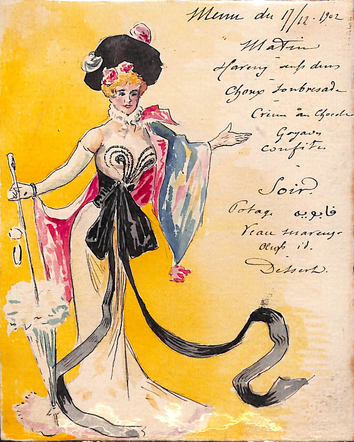 Hand-Written c1902 Menu Card w/ Watercolor Of Lady