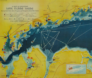 "A Map Of Western Long Island Sound Showing Yacht Clubs, Aids To Navigation, And Principal Larchmont Race Courses" 1939