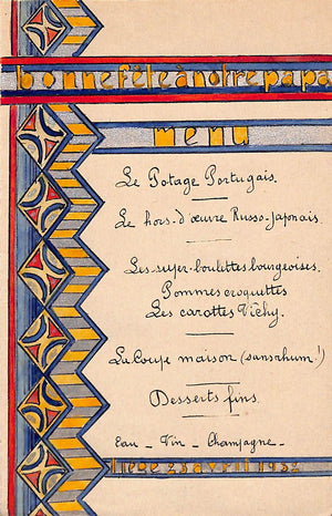 Bonne Fete Amorre Papa 1932 Hand-Painted Menu Card