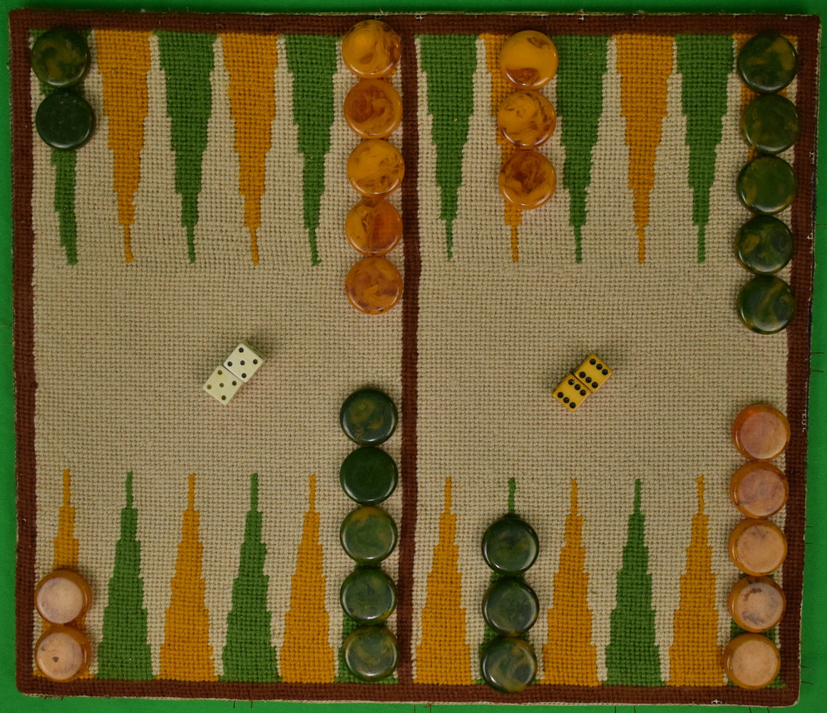 Hand-Needlepoint c1970s Backgammon Board w/ Checkers & Dice
