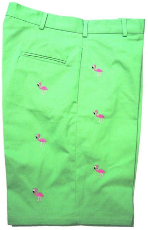 "O'Connell's Plain Front Bermuda Shorts - Embroidered Flamingos on Lime Twill" Sz 42