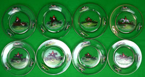 Set Of 8 Hand-Painted Fox-Hunt Dinner Glass Plates