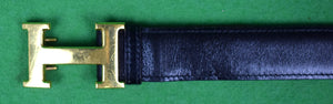 "Hermes Paris Black Leather Belt w/ 'H' Brass Buckle" Sz 34