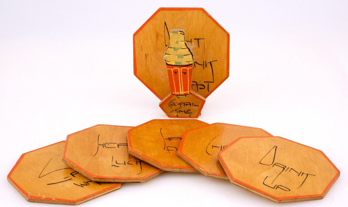 Set of 6 Wooden Stacking Octagonal Cocktail Time Ray Reen Coasters