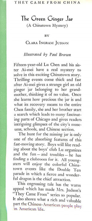 "The Green Ginger Jar: A Chinatown Mystery" 1949 JUDSON, Clara Ingram